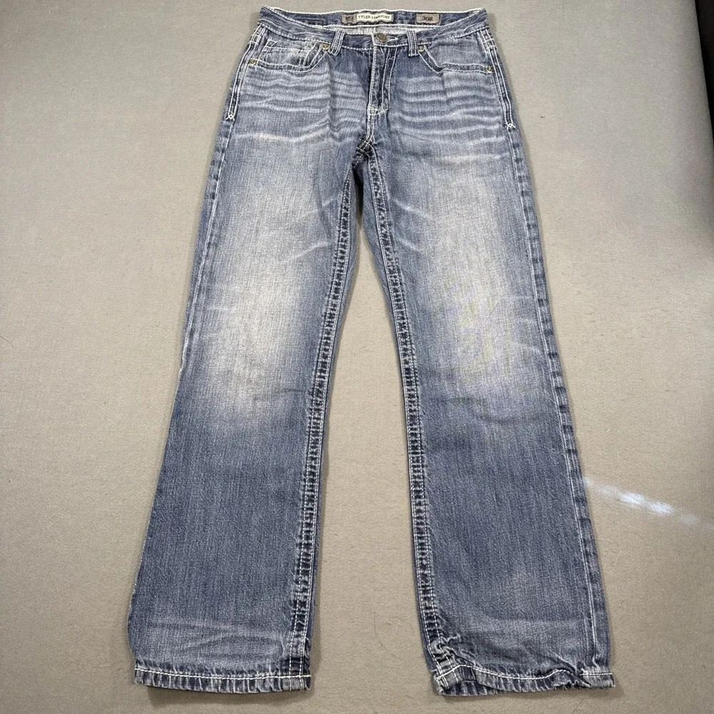 Buckle BKE Jeans Mens 30R Tyler Straight Thick Stitch Embroidery WHISKERING